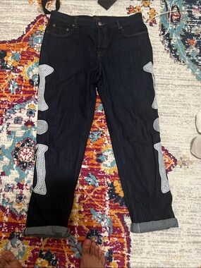 Dark Blue Boyfriend Jeans with White Perforated Side Panels